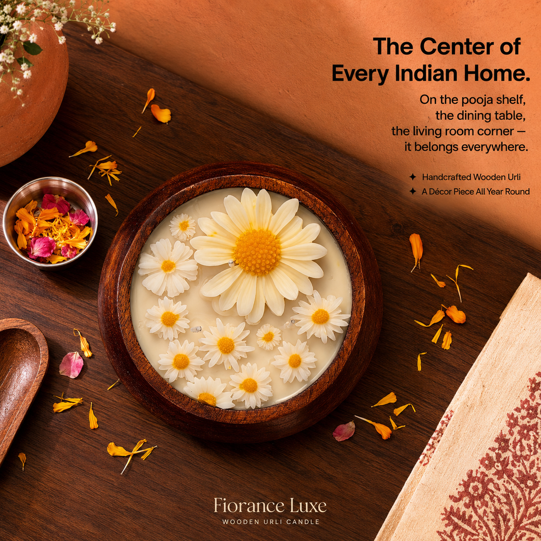 Decorative wooden.url candle with flowers on a wooden surface, featuring Fiorance Luxe branding.