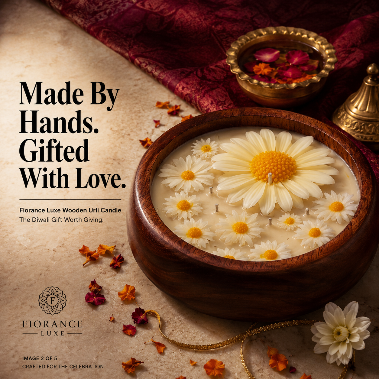 Wooden urn candle with flowers in a bowl, surrounded by decorative elements on a textured surface.