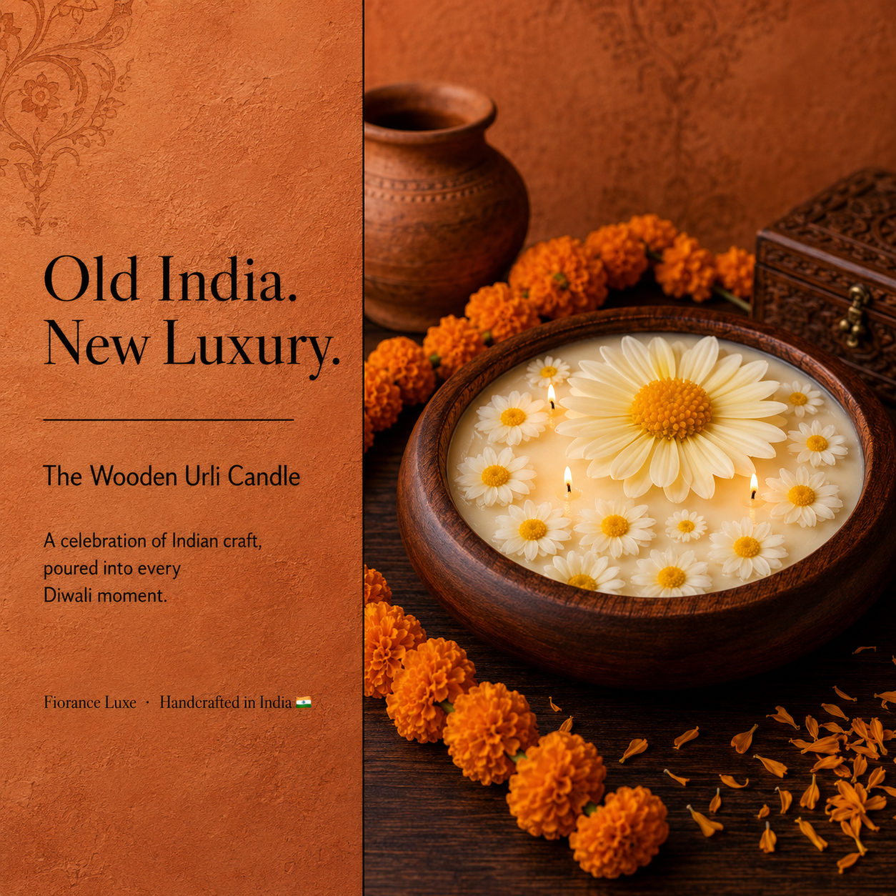 Decorative candle with flowers in a wooden holder on a brown background with text about Indian craftsmanship.